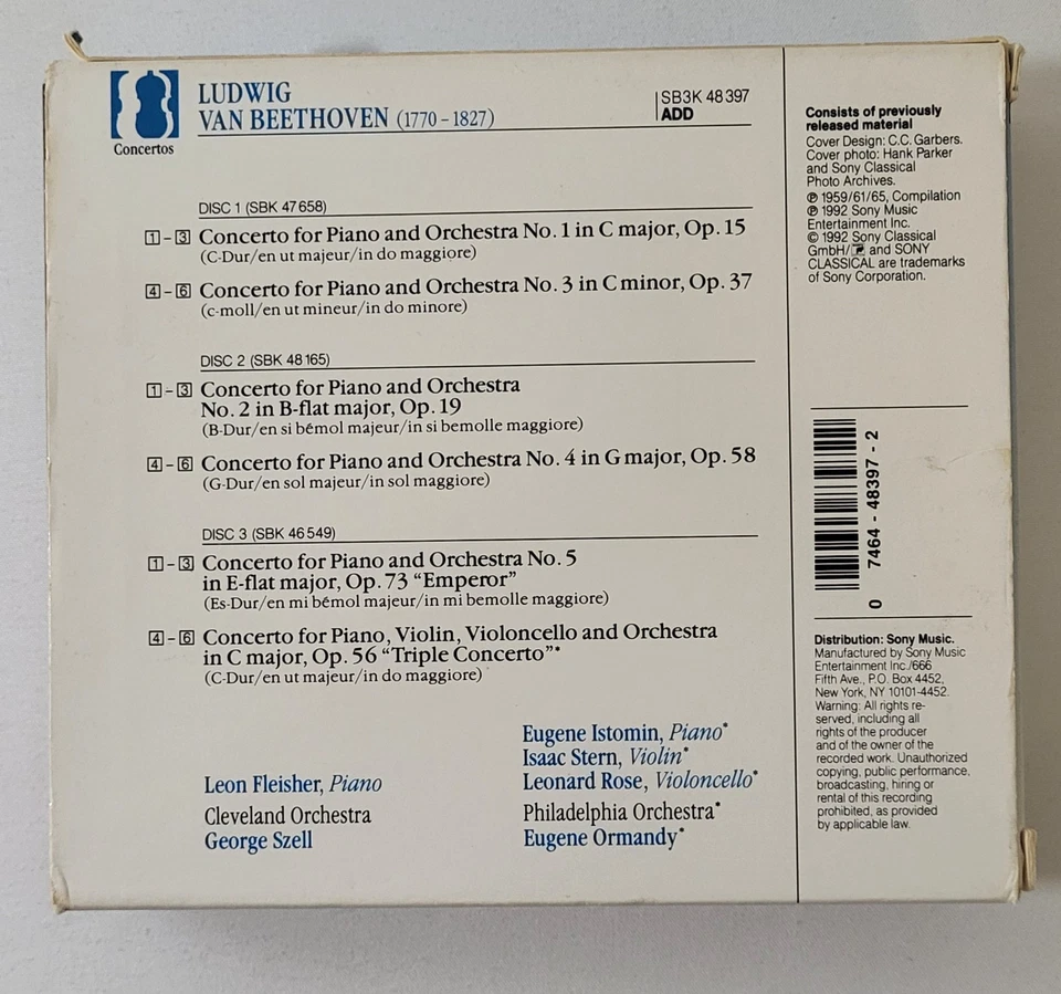 Beethoven The 5 Piano Concertos Triple Concerto CD Box Set Sony SB3K 48397 EX - Image 2 of 4