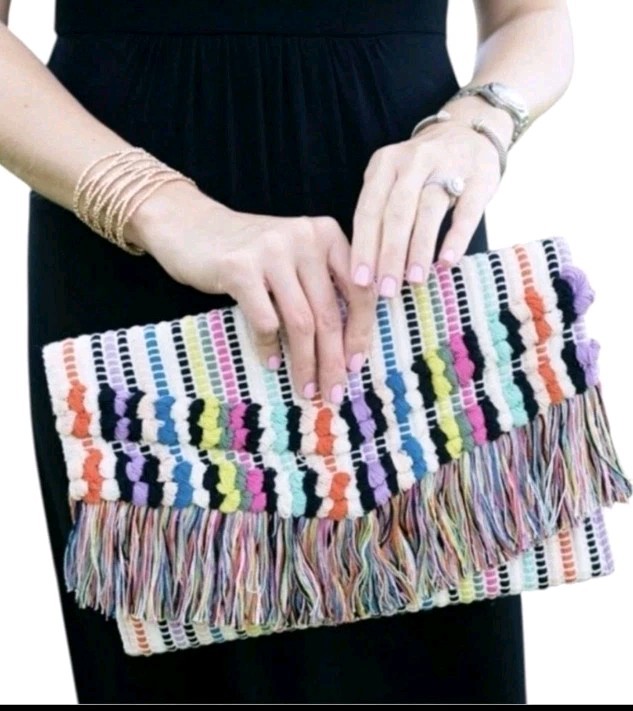 Anthropologie Stella Dot Woven Fringe Clutch Rainbow Striped Boho Multicolor Bag