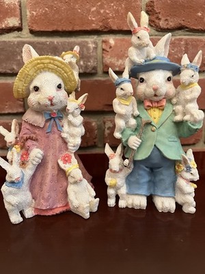Resin Easter Bunny Pair. Babies All Over Bunny Parents. Cute