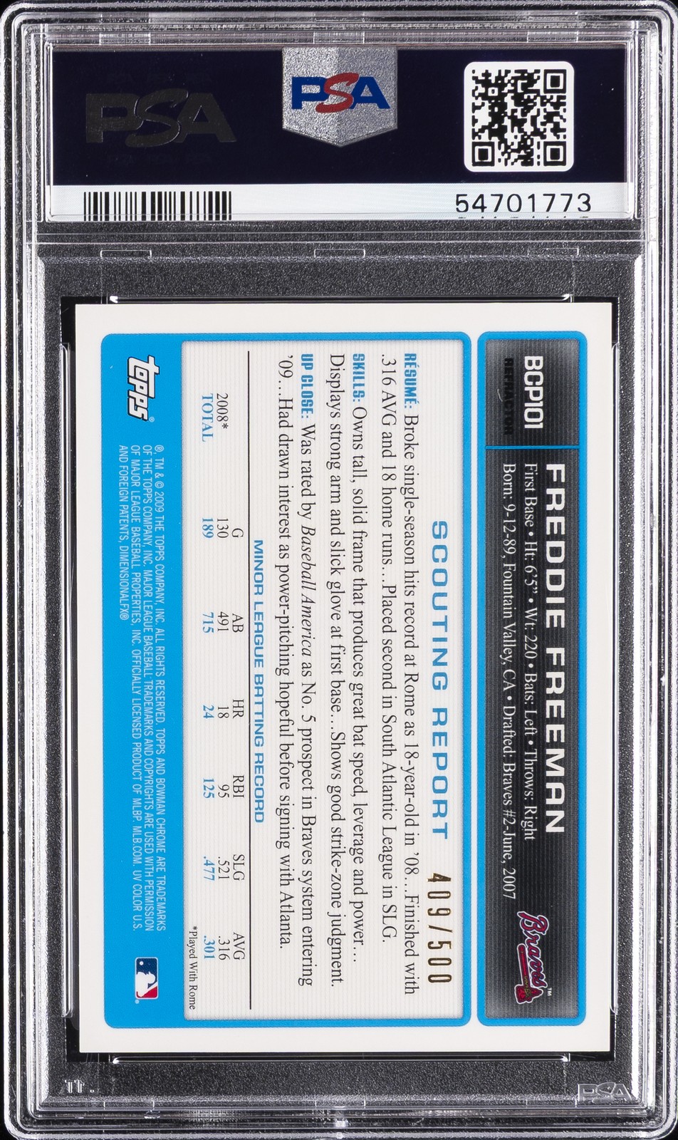 2009 BOWMAN CHROME PROSPECTS REFRACTOR-AUTO #BCP101 FREDDIE FREEMAN #/500 PSA 9 view 2