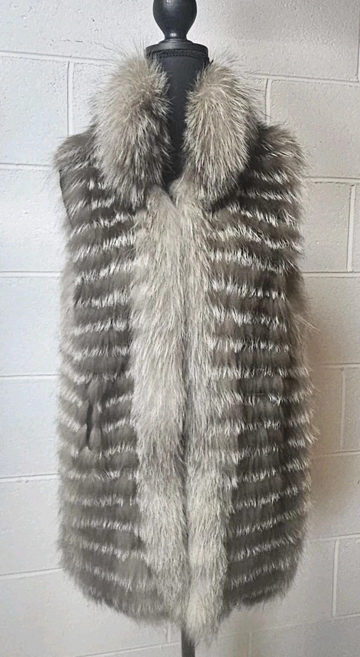 Pologeorgis Mujer Piel de Zorro Seda Forrado Gancho Cierre Chaleco Gris Talla S Foto 2 de 4