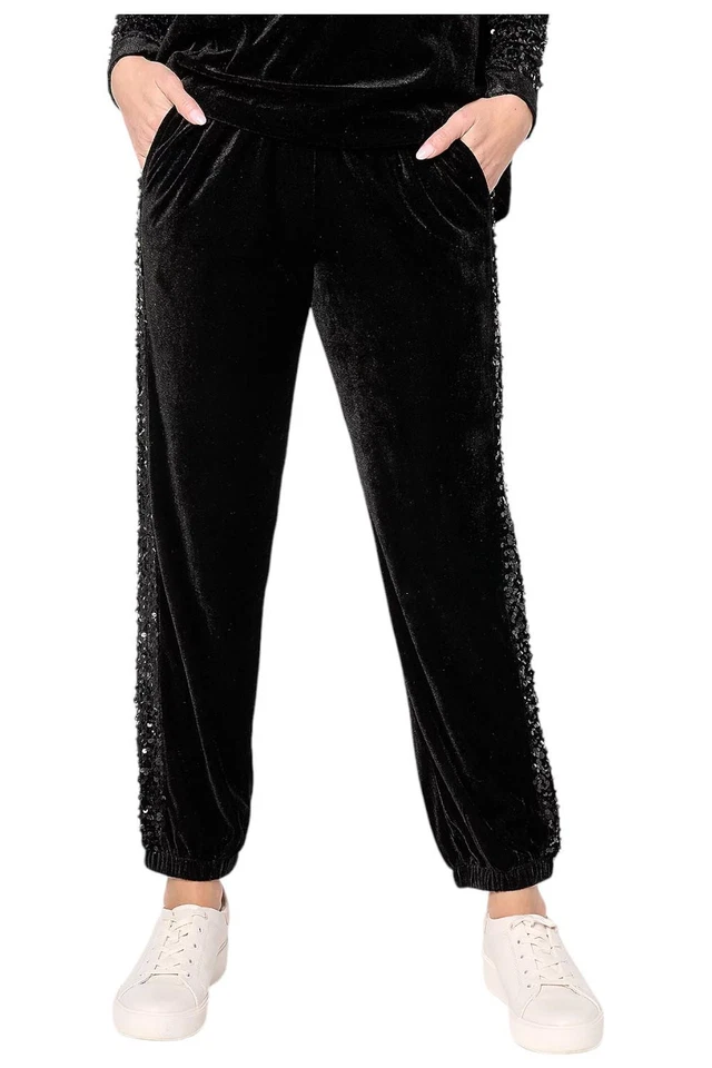 Joggers para mujer LOGO Lavish by Lori Goldstein de terciopelo y lentejuelas negros
