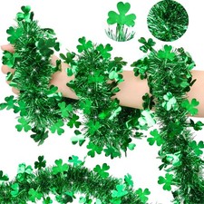 65.6 FT 2 Pcs St Patricks Day Green Metallic Tinsel Hanging Shamrock Garland New