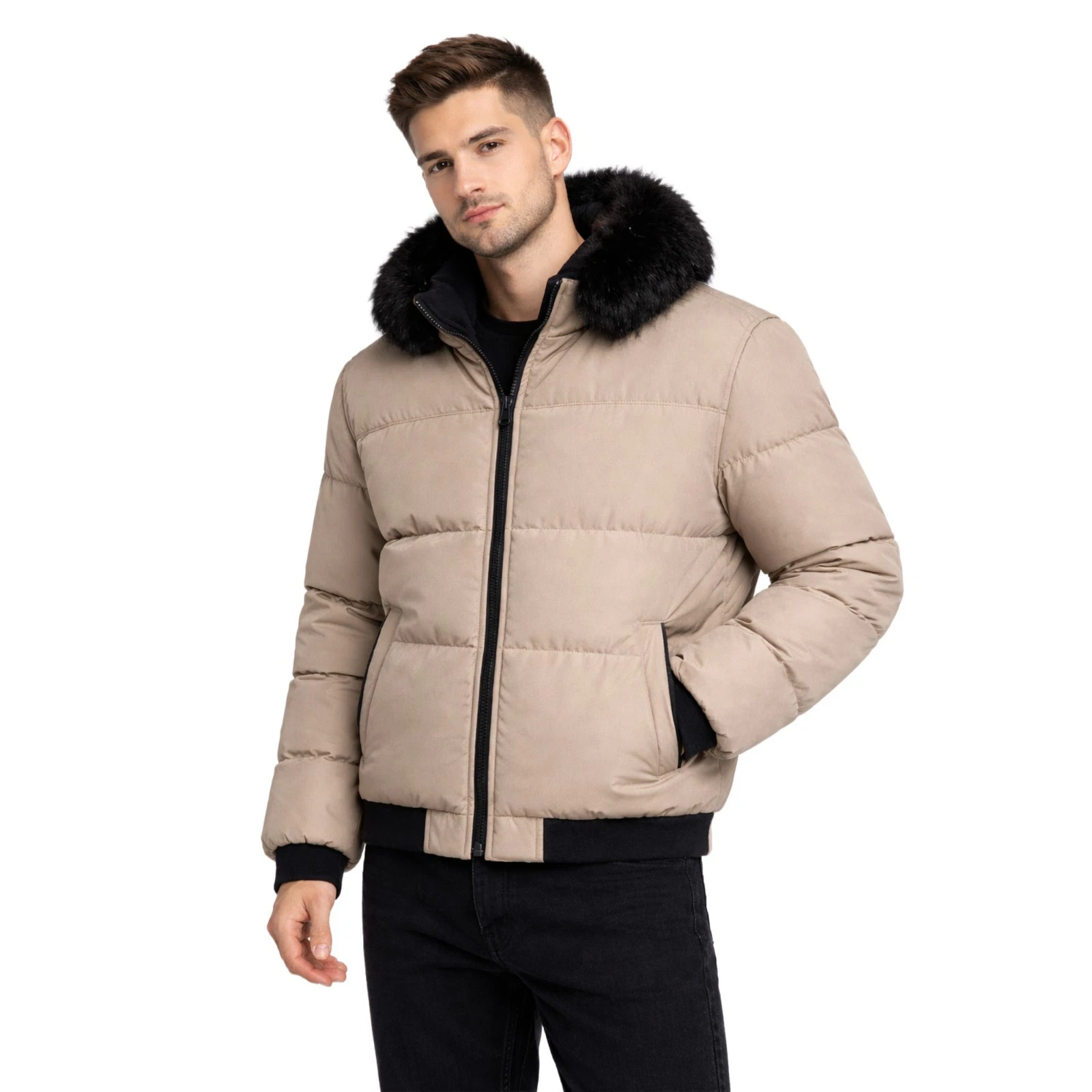 Mens Beige Puffer Jacket Faux Fur Hood Trim Padded Winter Coat Zip Front