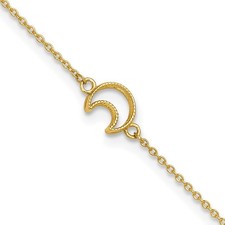 14k Yellow Gold Textured and Polished Crescent Moon 10" Anklet