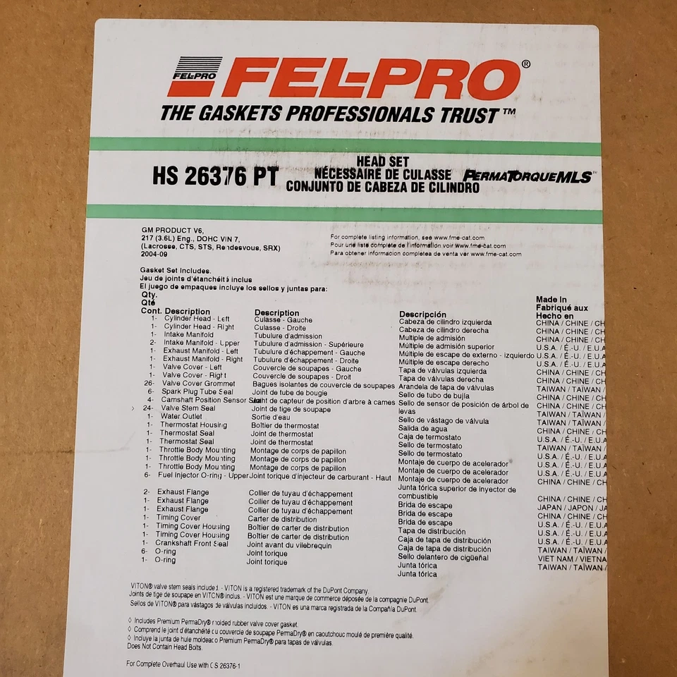 Juego de juntas de culata de motor PT FEL-PRO HS 26376 PT para Cadillac CTS SRX STS Foto 2 de 4