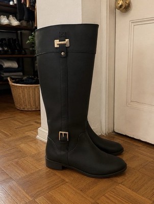 Women s Black Knee-High Riding Boots Buckle Accent Flat Round Toe Rubber