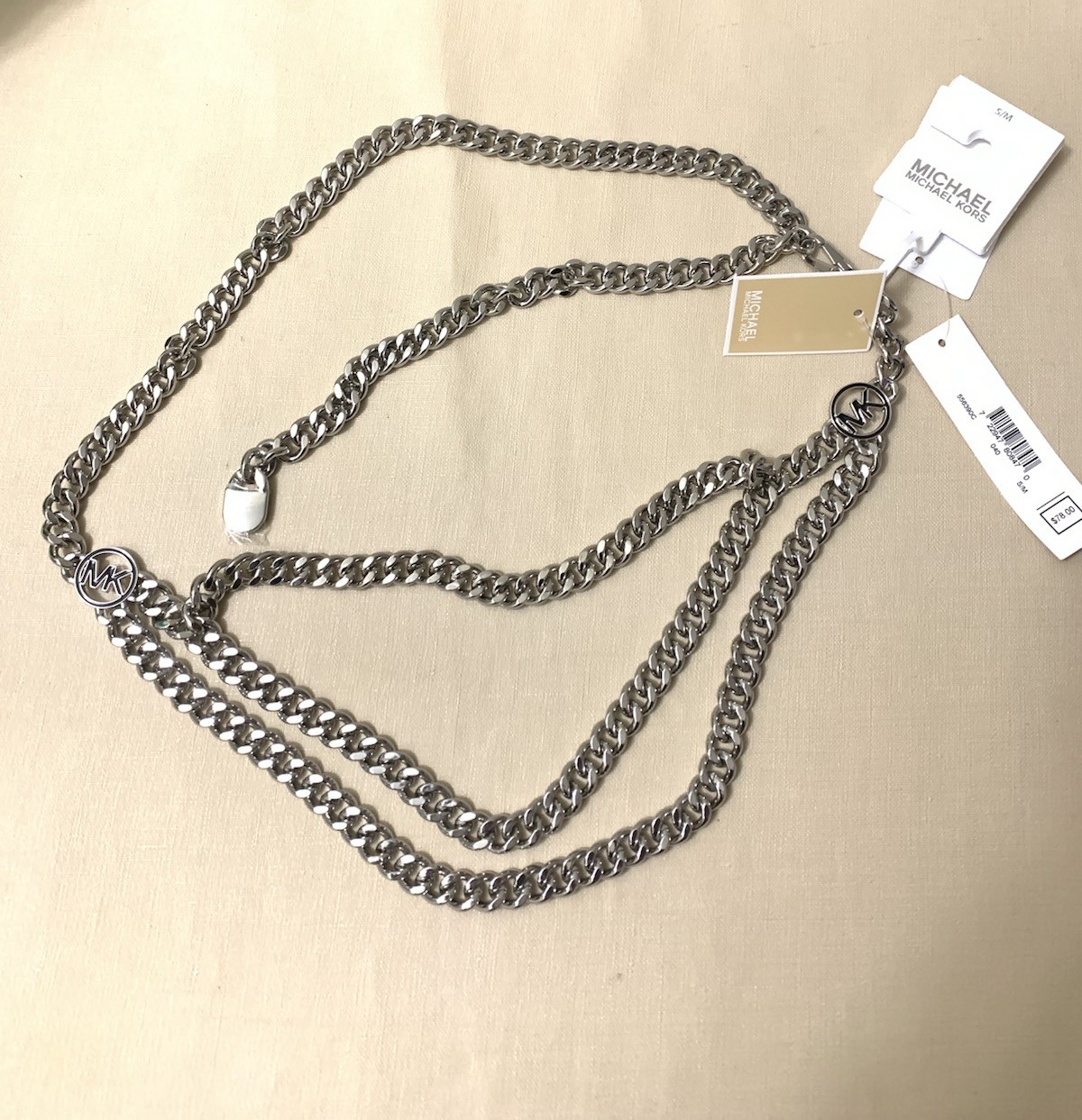 Michael Michael Kors Tiered Silver Adjustable Chain Belt With Enamel Charms S/M