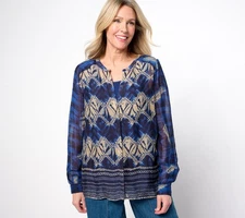 LOGO by Lori Goldstein Printed Chiffon Blouse with Knit Tank Twilight Blue S New
