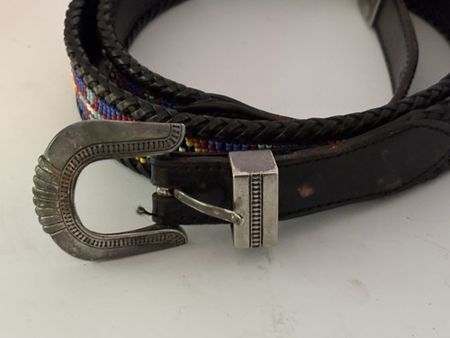 Cintura vintage western in pelle con perline L.L. Fagiolo Taglia 42 Nativo Sud Occidentale Marrone - Foto 3 di 7