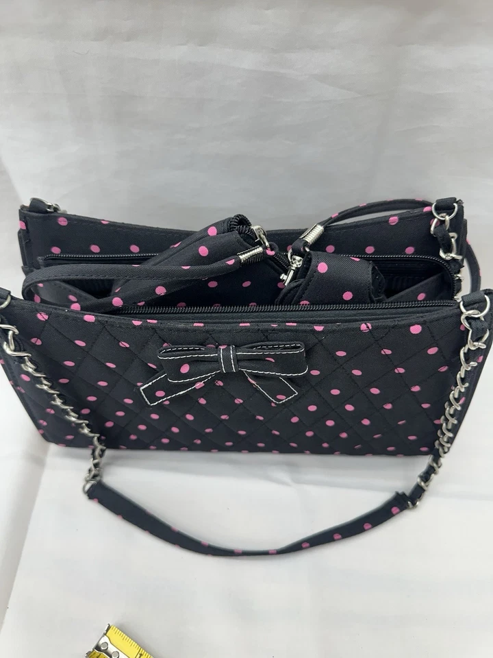 Juego de bolso de hombro acolchado a lunares negro y rosa - 3, correa de cadena y detalle de lazo Foto 4 de 4