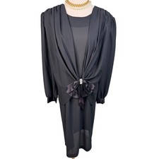 Vintage 80s TF T&F drop waist rhinestone bow party dress black size 10 Medium M