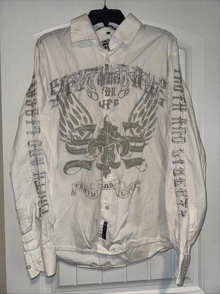 South Pole Premium Men’s Y2K White And Silver Spell Out Button Shirt XL - Image 2 of 4