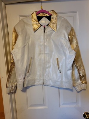Vintage 80s Steve Fleming Leather Jacket Gold Cream Colorblock Zip L