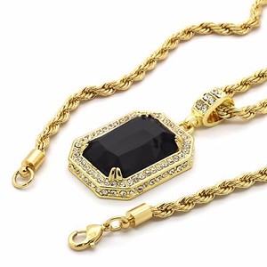 Authentic Mens Hip Hop 14k Gold Plated Cubic-Zirconia Pendant 24" Rope Chain BK
