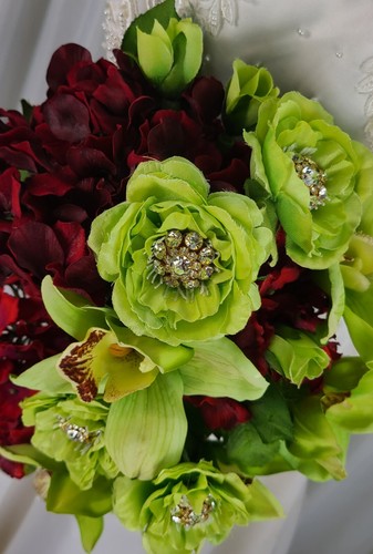 Wine and Green Teardrop Faux Silk Wedding Bouquet - Picture 6 of 9