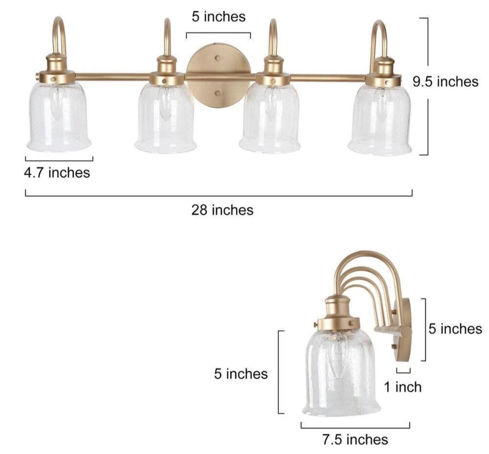 Gold Bathroom Light Fixtures, 4-Light Bathroom Vanity Light with Seeded Glass - Image 3 of 4