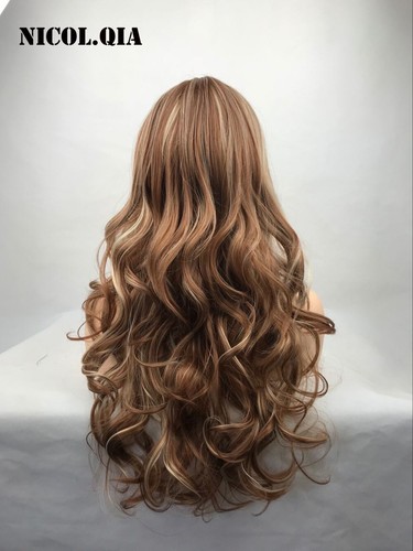 Long Water Wavy Brown Blonde Mix Human Hair Blend Heat Ok Wigs Women Fashion Wig - Picture 4 of 9