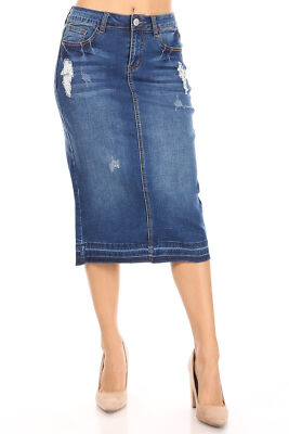 Women's Juniors/Plus Size Destroyed Ripped Pencil Stretch Denim Skirt