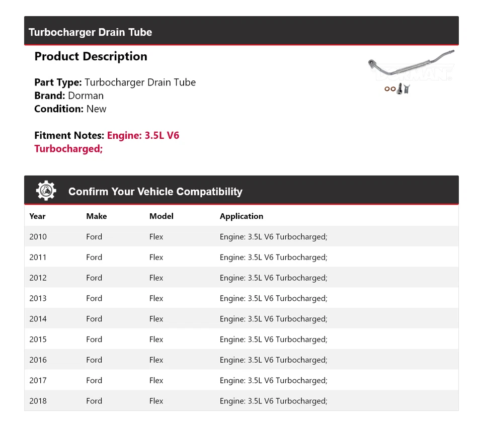 Tubo de drenaje turbocompresor Dorman turboalimentado Ford Flex 2010-2018 3,5 L V6 Foto 2 de 4