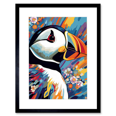 Papageientaucher und Blumen lebendige Farben psychedelischer Seevogel gerahmter Kunstdruck 12 x 16