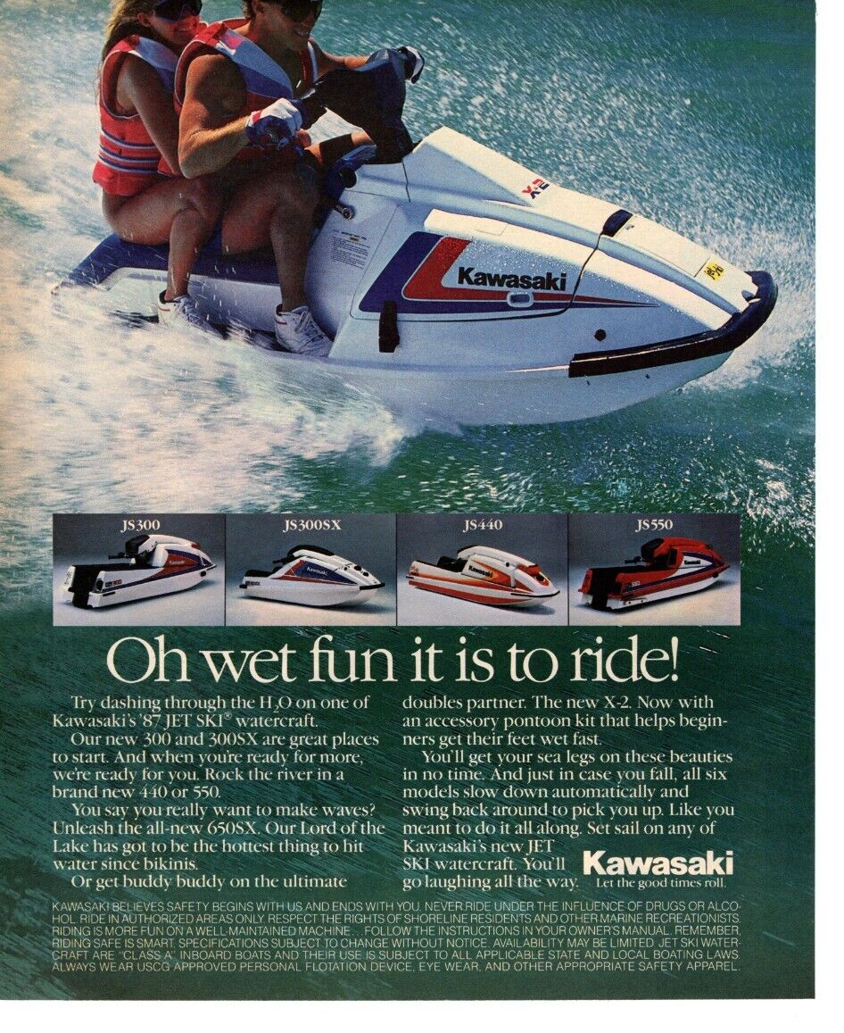1987 KAWASAKI JET SKI 2PG PRINT AD, 440, 550, 650SX WATERCRAFT