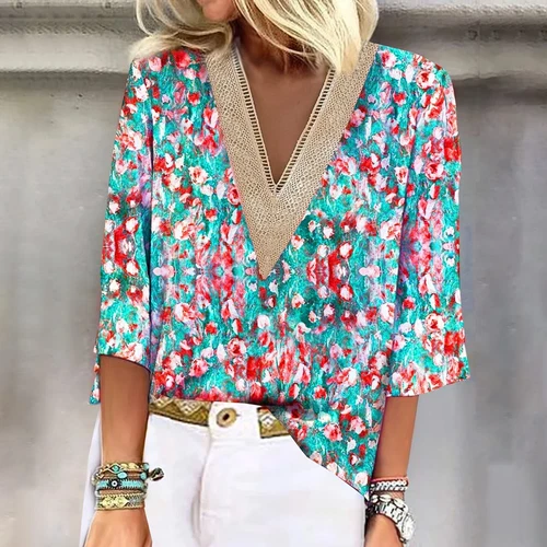 Damen Freizeit Boho Blumen V-Ausschnitt 3/4 Ärmel lose Blusen Shirts Sommer Tops - Bild 15 von 25