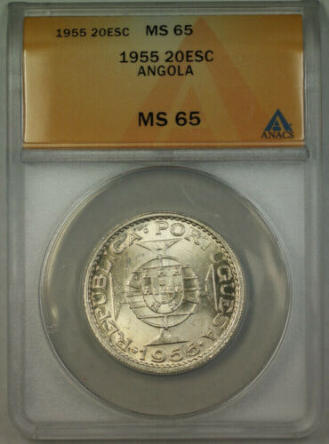 1955 Angola 20 Escudos Silver Coin ANACS MS-65 Gem BU - Afbeelding 1 van 2