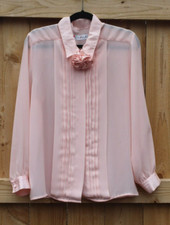 Vintage 1980'w Chaus Pink Polyester Blouse w Pink Flower Corsage at Neck Sz 14