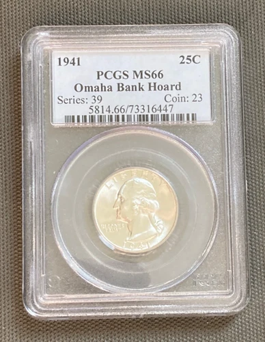 PCGS MS66 Graded 1941 P, Philadelphia Mint Washington Quarter - Omaha Bank Hoard