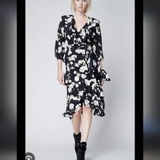 Alice + Olivia Black White Floral Ruffle   Graphic Floral Dress SZ 8
