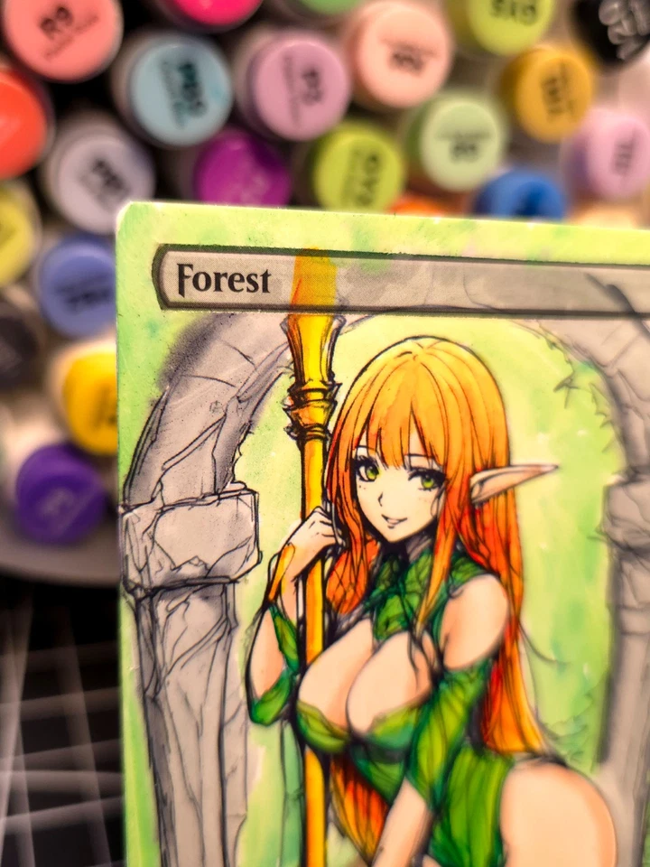 FOREST - Green - MTG *Altered Hand Colored Original Art Anime - Red Head 111925 - Image 3 of 4