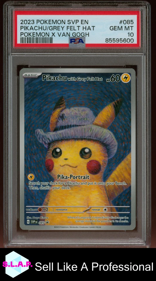 PIKACHU/GREY FELT HAT POKEMON VAN GOGH SVP EN-SV BLCK STR PRM 2023 085 PSA 10