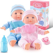 Toy Choi's 12" Twin Baby Dolls with Rompers and Hat Pacifier Pink & Blue