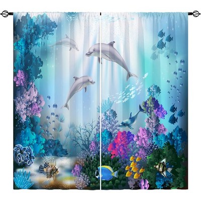 Ocean Dolphin Curtains W42 x L84 Inch Rod Pocket Tropical Fish Sea Animal Pri...