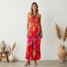 Evening Glam Maxi Dress Multi Floral Chiffon Sleeveless Zip Pockets US 4