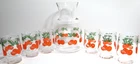 Vintage Anchor Hocking Glass Carafe Pitcher & 6 Juice Tumblers Set Orange Green