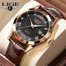 LIGE Men's Watch Leather Watches Waterproof Luminous Quartz Date Man Wristwatch