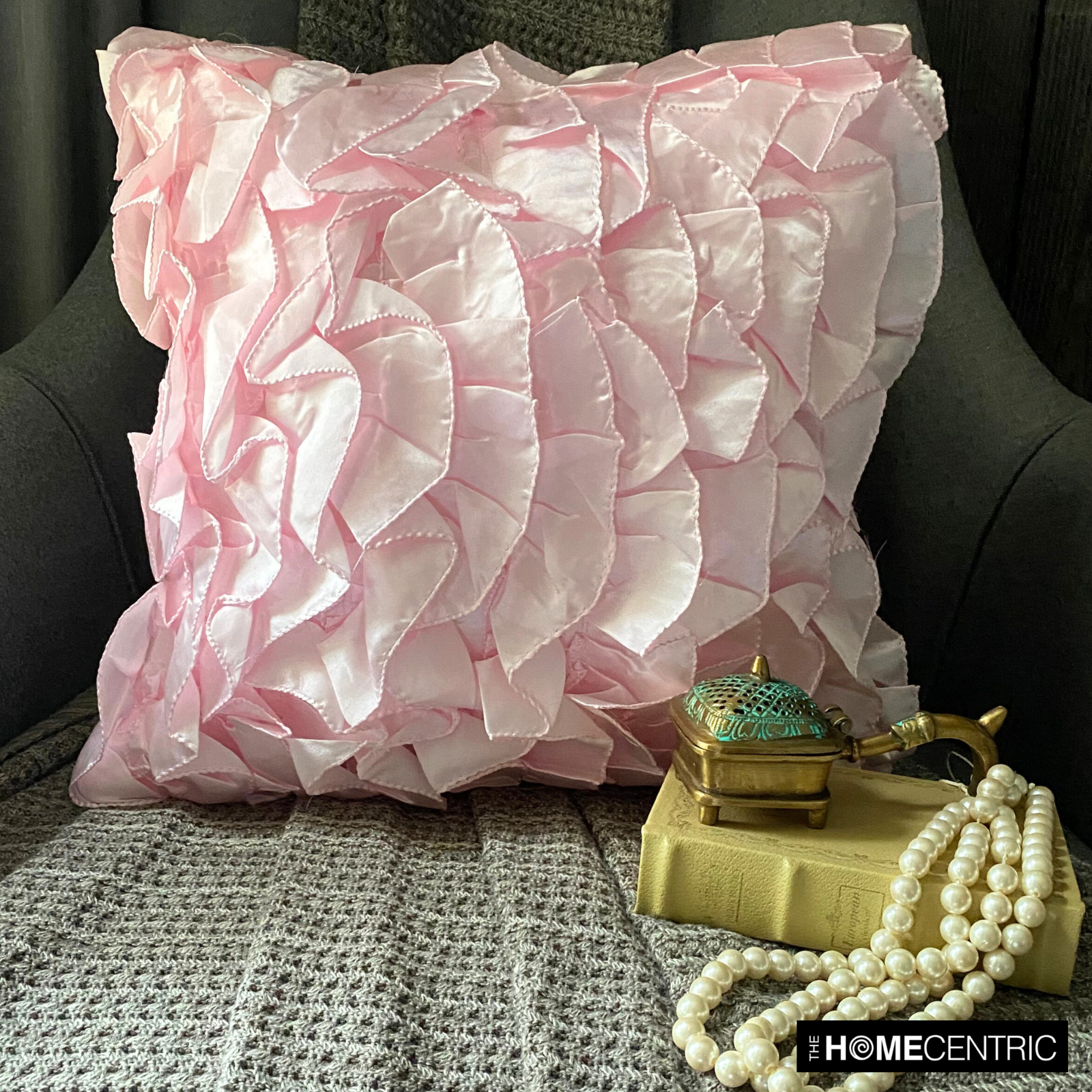 Vintage Soft Pink Satin Ruffled Couch Cushion Case 16x16 Bed Decor