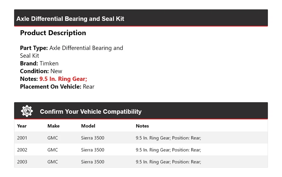 Kit de cojinete y sello diferencial de eje trasero Timken para GMC Sierra 3500 2001-2003 Foto 2 de 3