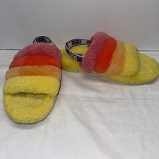 Women  s UGG Fluff Yeah Stripe Slippers Yellow Rainbow Sz 6