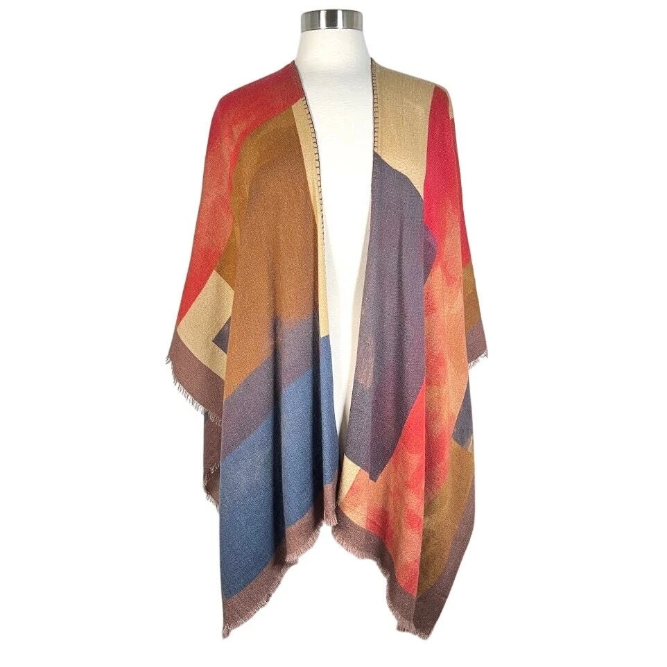 Saachi Women's Wool Modal Colorblock Blanket Poncho One Size Fringe Hem Winter