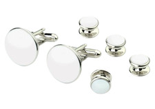 NEW Cuff Links Studs Pure White Silver Boxed Round Tuxedo Shirt Formal TUXXMAN