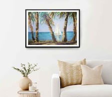 Boat at Sea View, Palm Trees Watercolor Poster Premium Quality Choose your Size