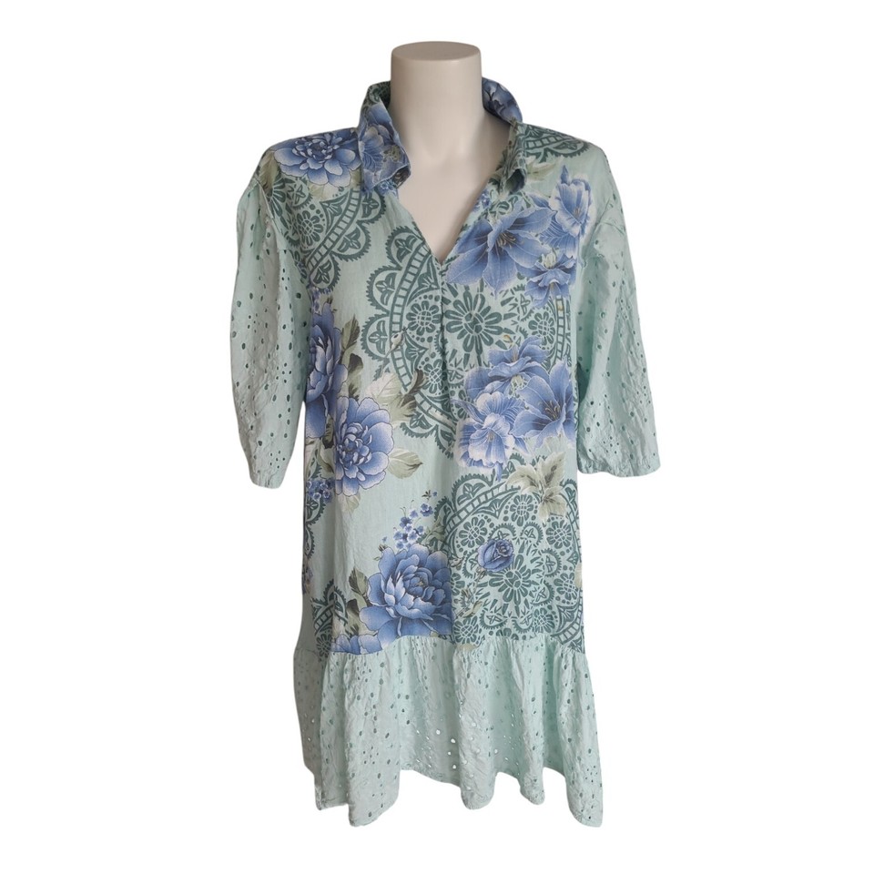Helga May Size 14 Linen Floral Lagen Look Tunic Top With Eyelet Sleeves &...