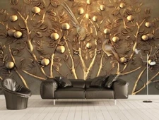 3D Relief Tree Birds Golden Self-adhesive Removeable Wallpaper Wall Mural