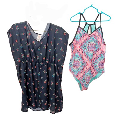 Wonder Nation Swimsuit w/Sheer Kaftan Cover Up 14/16 Girls Floral