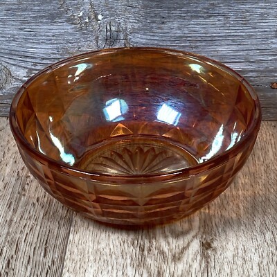 Vintage Orange Carnival Glass Iridescent Bowl Star Shaped Bottom 7 1/2 