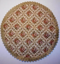 Vintage Tapestry ROSES Metallic Gold Lace Trim Round Table Topper 17" Doily