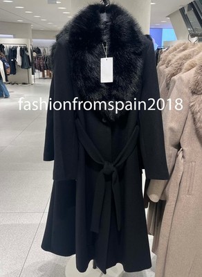 ZARA NEW WOMAN WOOL COAT WITH FAUX FUR LAPEL AND BELT BLACK XS-XL